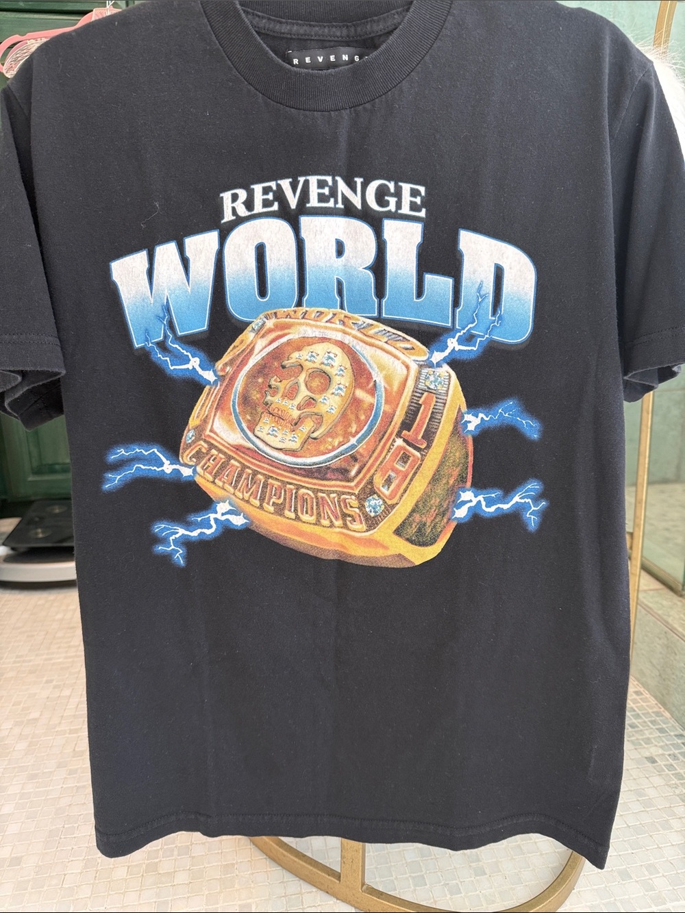 Revenge Clothing Black Tee with Blue and Gold Graphic